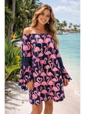 Simply Southern Flowy Flamingo Print Bell Sleeve Dress Size L